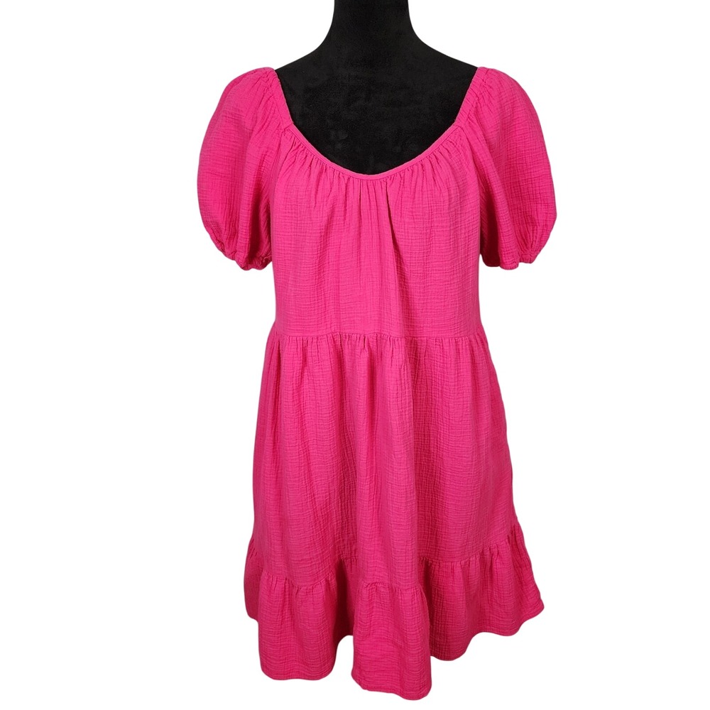 UNIVERSAL THREAD Size Small Hot Pink Puffed Sleeve Cotton Gauze Tiered Dress